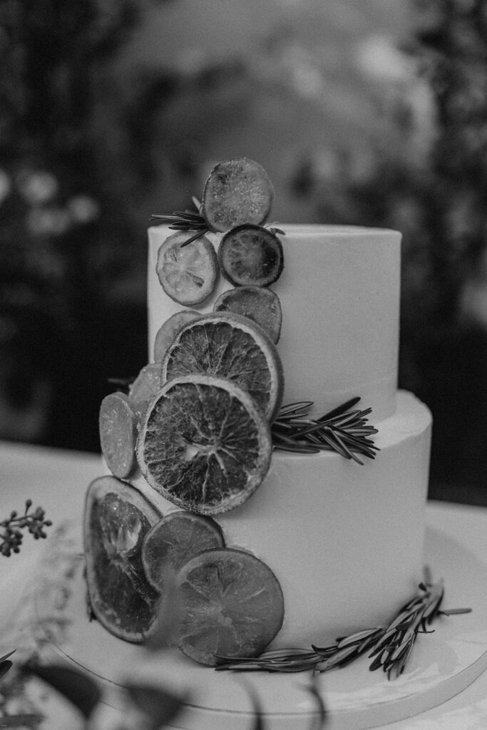 A black and white image of a two-tiered wedding cake adorned with dried citrus slices and sprigs of rosemary