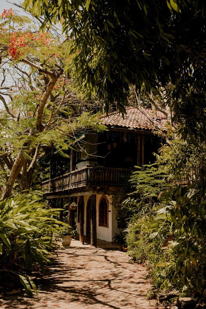 Exterior view of Hacienda Siesta Alegre, showcasing a rustic building surrounded by lush greenery and vibrant trees, providing a serene and picturesque setting.